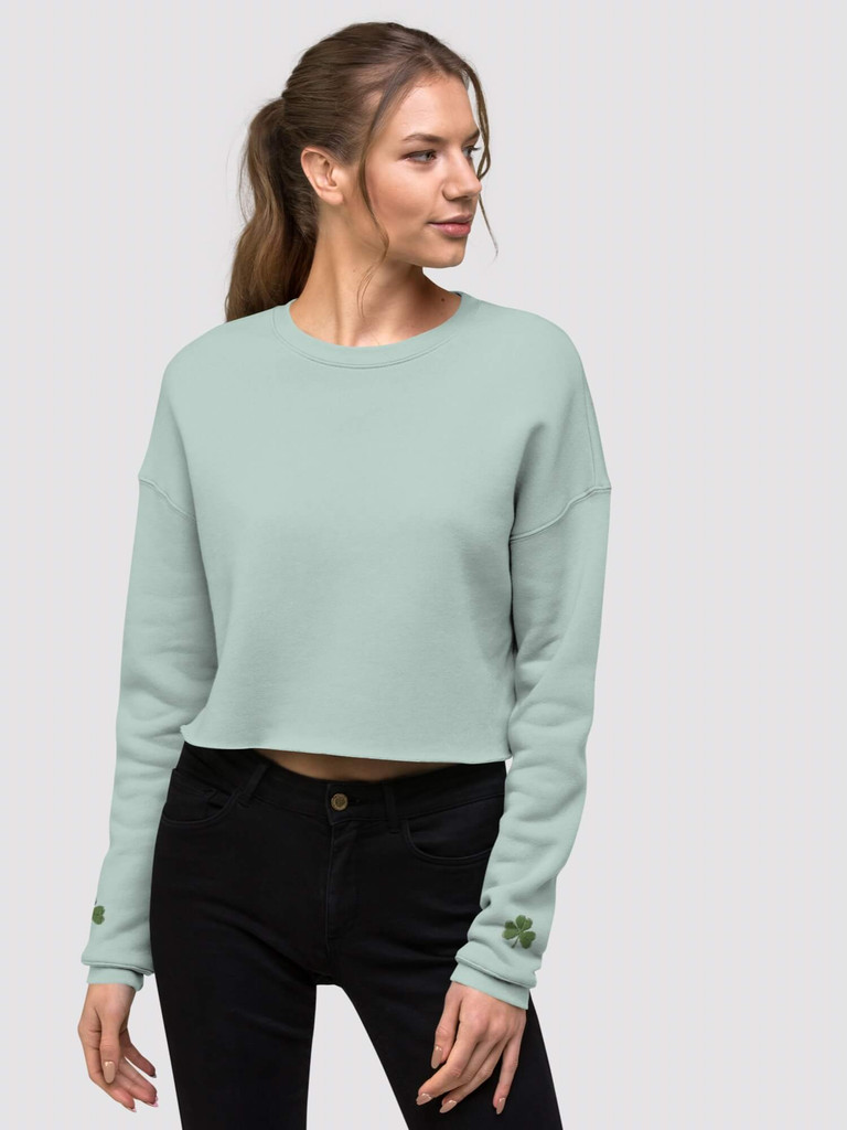 Cropped Shamrock Sweatshirt  Women’s long sleeves with embroidered Irish shamrocks and crewneck crop sweatshirts for woman in light green Womens round crew neck tops Ireland streetwear  with traditional embroidery pattern