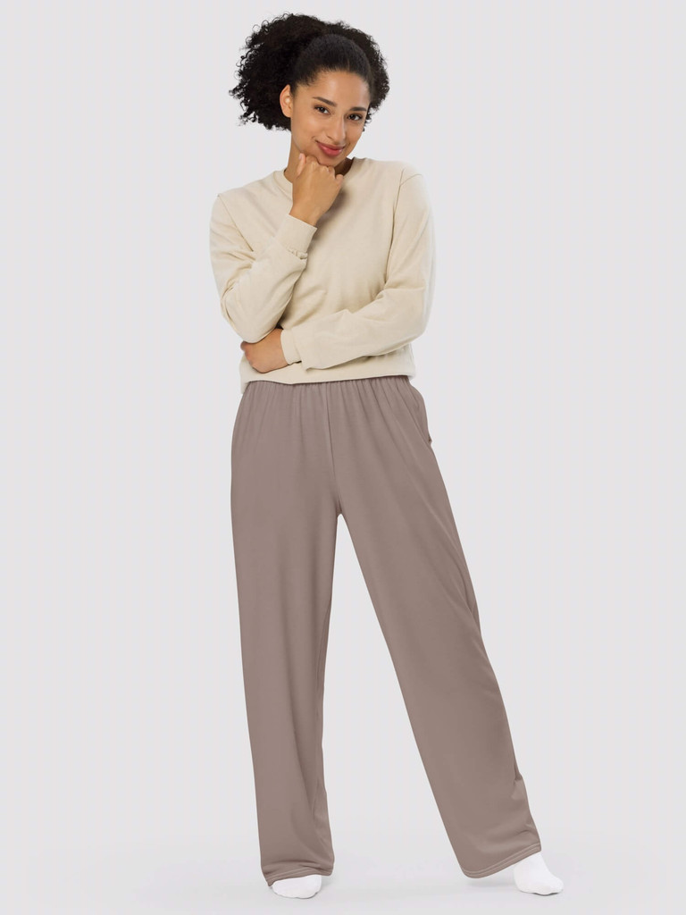 Wide-Leg PJ Pants brown  Genderful Women’s Hampton Rock color full length mid rise elastic waist straight fit pajamas sweatpants for woman    Womens petite-, tall-, plus-, size loungewear trousers sleepwear PJ’s bottoms