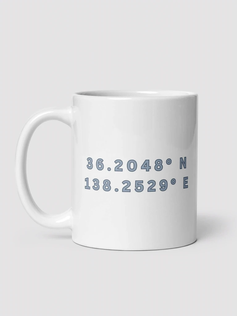 Japan Coordinates Mug     Shop LATITUDE° Japanese country design drinks cup coffee, tea, juice, milk drinking cups GPS global positioning longitude and latitude map positioning numbers reference position tumblers ceramics cartoon pattern in white with myst blue and light memories green design collections Japan nippon JPN Nihon cities souvenirs collectors mugs