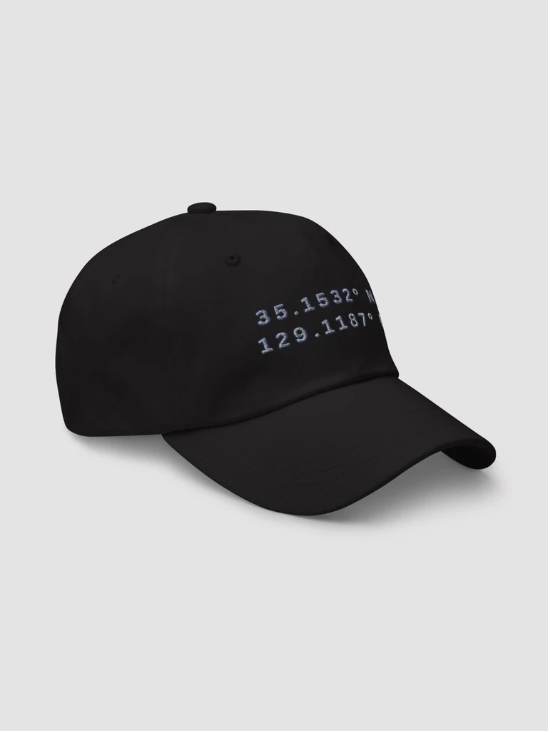 miteigi LATITUDE° Dad Hat south korea black    Shop Genderful Women’s Men’s anywear Gwangalli Beach, Busan, South Korea GPS global positioning longitude and latitude map reference position numbers Fitness Sports Activewear miteigi Branded product item gym yoga unisex baseball caps for woman man in goth black with platinum red Japanese script logo letters at back Mens Womens punkrock gothic punk GPS Korean headwear hats