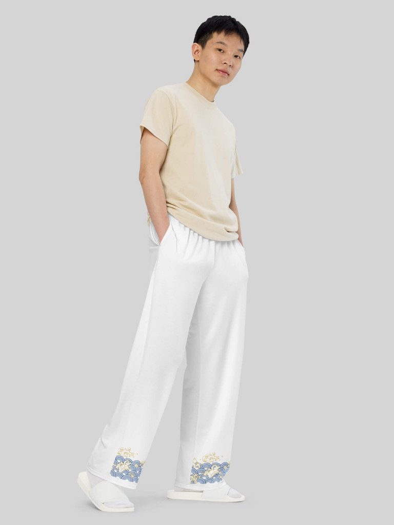 Trad Japanese Wide-Leg Pants   Genderful unisex anywear Men’s wide leg elastic waist with drawcords relaxed fit traditional Japan design loungewear PJ pajamas for man in white with blue gold waves design Mens PJs