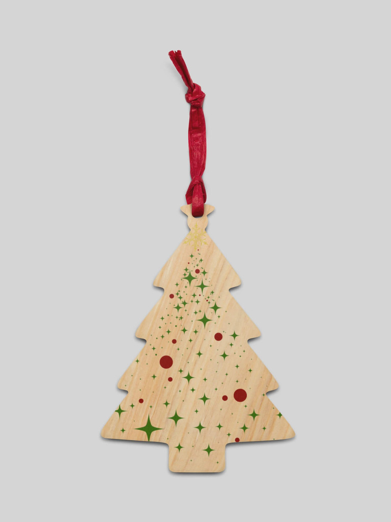 Wooden Twinkle Tree Ornament   Festive handcrafted Hinoki wood with paper ribbon and magnet Christmas holiday season trees refrigerator magnets hanging decorative home ornaments in natural color with multi ink design