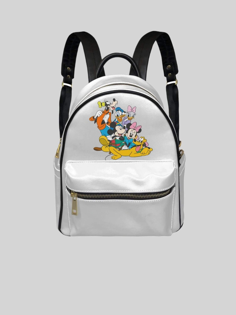Small Size Backpack  Genderful Disney characters pockets zipper closure carry handle backpacks in white with black edging, straps Bags with Mickey Mouse, Minnie Mouse, Pluto, Goofy, Donald Duck, Daisy Duck