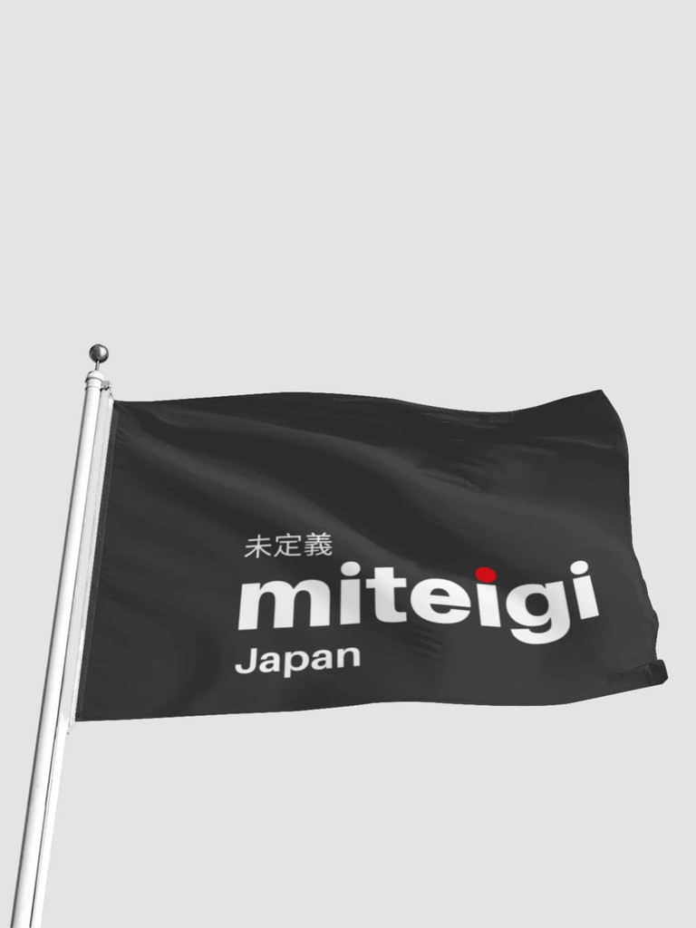 miteigi Logo Flag black   Company branded print in platinum red color with pole eyelets on white background flags