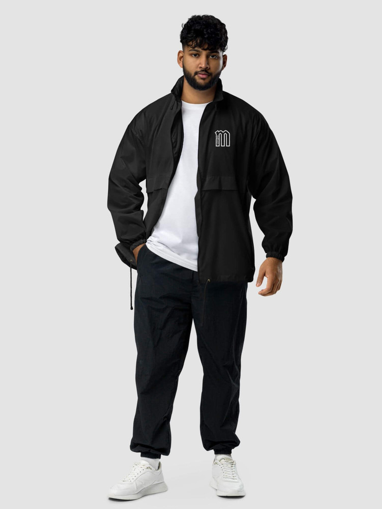 logo windbreaker anorak    Genderful men’s long sleeves drawcord hooded stand collar slant side pockets zipper close waterproof Anoraks for man in black  unisex portable foldable into self carry drawstring pouch camping hiking walking outdoors coats Unisex anywear outerwear