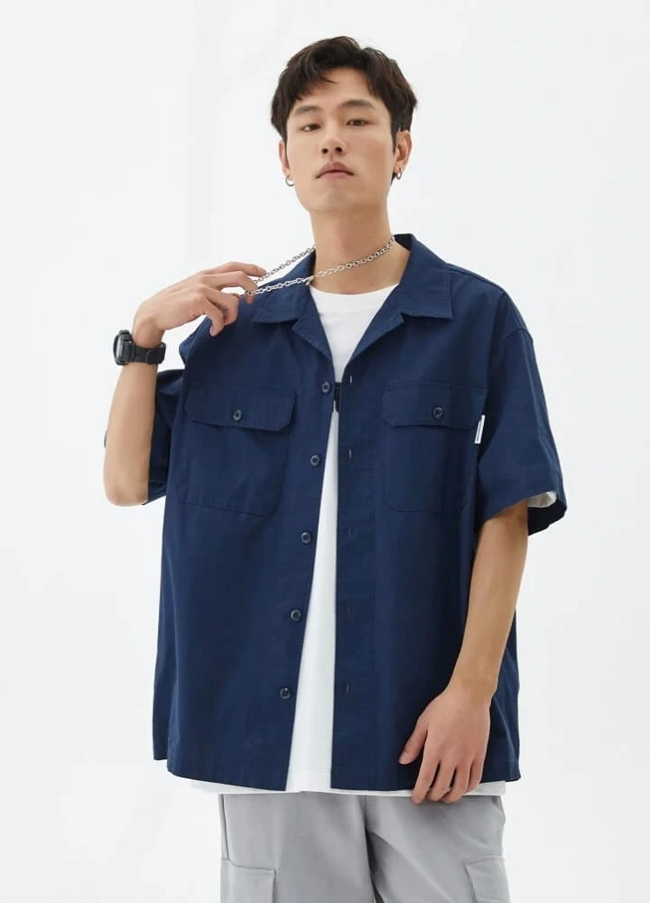 Casual Cotton Shirt   Men’s Summer Fashion multi pocket short sleeves button-up comfort Shirts for man in Navy blue color Tee Male turn-down collar  Meters bonwe Mens tall-, plus-, size Tops