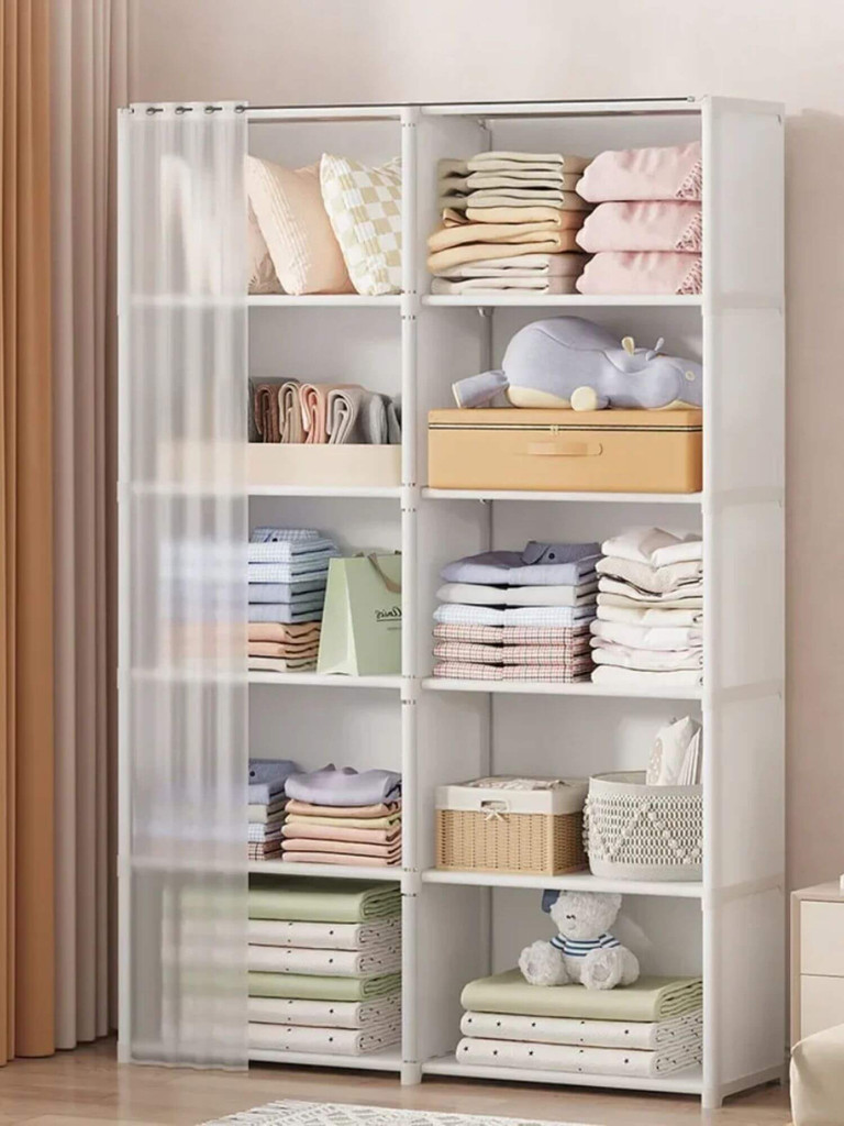Dustproof Wardrobe Multi-layer storage rack with curtains Simple elegant bookshelf Bedroom Living room wardrobes 5/6 Layers shelf closet bookshelves organizers in white
