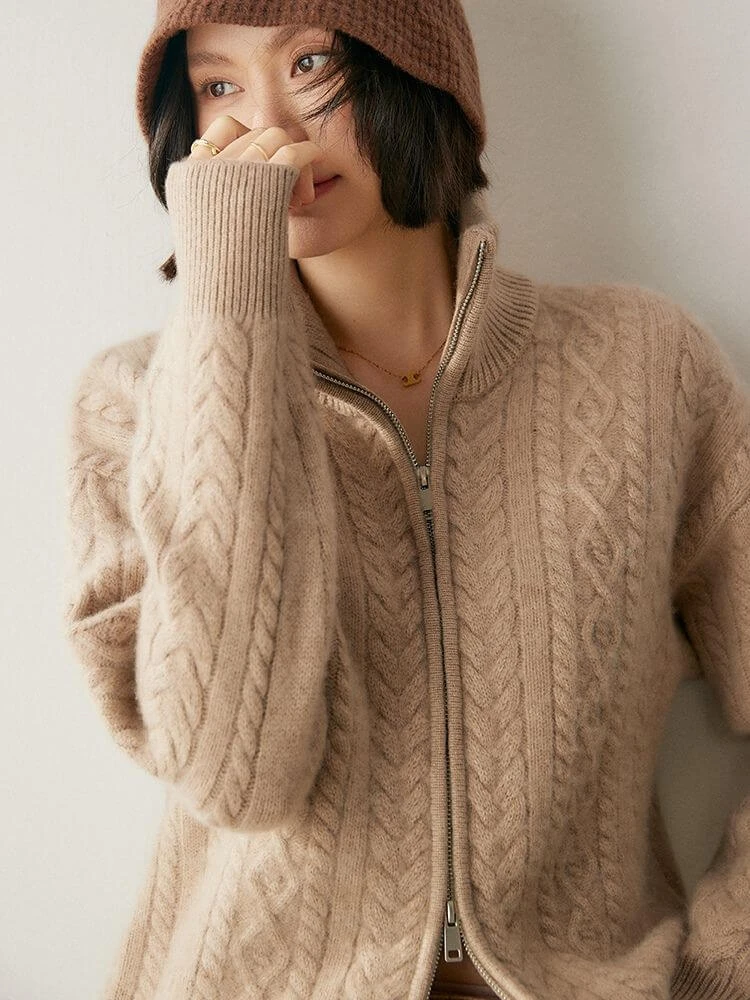Classic CashSoft Cardigan Sweater camel     Women’s 100% Cashmere heavyweight cable stitch knitting long sleeves rib cuffs  double-zipper turn-down stand collar ribbed hem cardigans Luxury vintage style thick classic Knitwear for Woman  Fall Autumn Winter womens outwear plus size outerwear tops