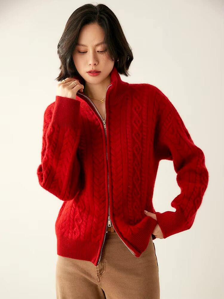 Classic CashSoft Cardigan Sweater red     Women’s 100% Cashmere heavyweight cable stitch knitting long sleeves rib cuffs  double-zipper turn-down stand collar ribbed hem cardigans Luxury vintage style thick classic Knitwear for Woman  Fall Autumn Winter womens outwear plus size outerwear tops