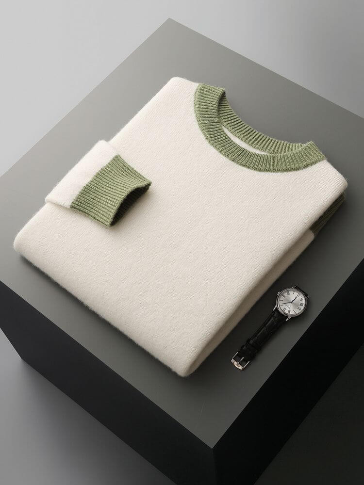 Merino Crewneck Sweater    Chic Men's round O-neck woolen pullovers 100% Merino Wool knitwear for man Fall Autumn Winter Mens thick soft warm knitted smart casual long sleeves crew neck tops workwear wfh clothing in beige with green highlights