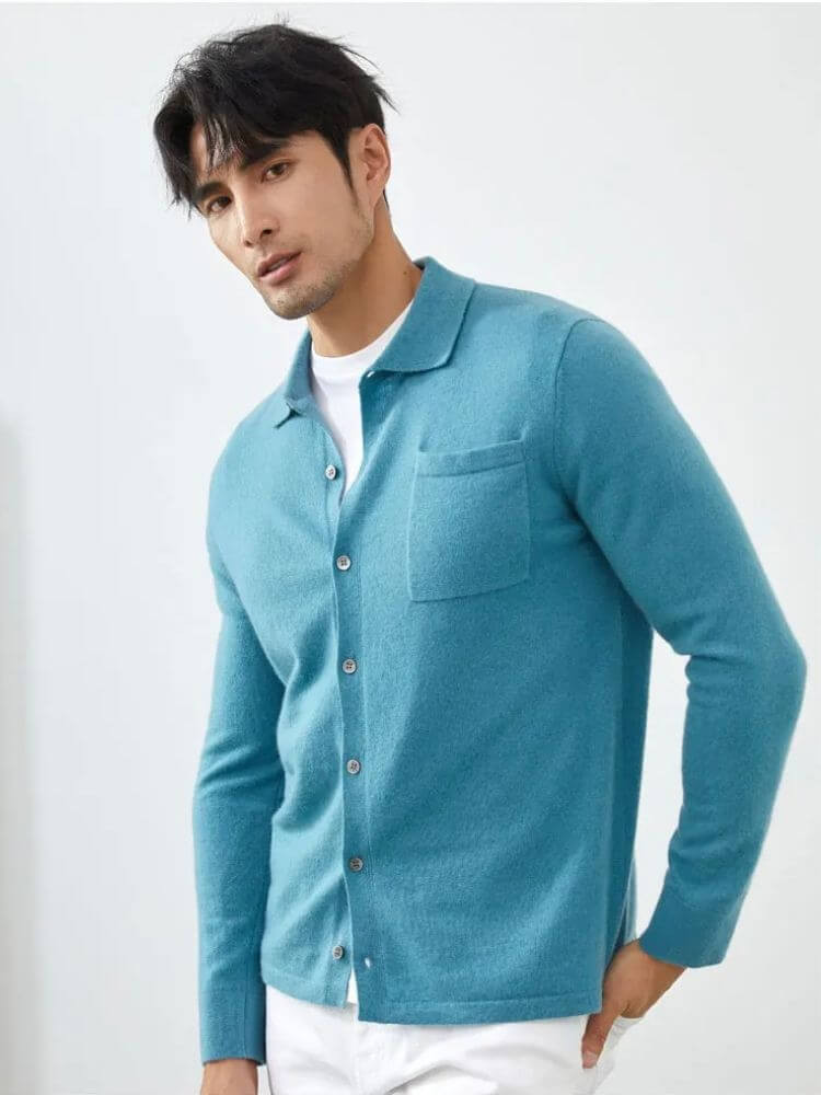 CashSoft Polo Cardigan   Fall Autumn Winter Men's 100% Cashmere sweater knitted long sleeves cardigans outwear for man Solid color wfh workwear button up  v-neck turn-down collar shirt chest patch pocket knit Jacket Casual tall-, plus-, size menswear outerwear knitting in lake blue color
