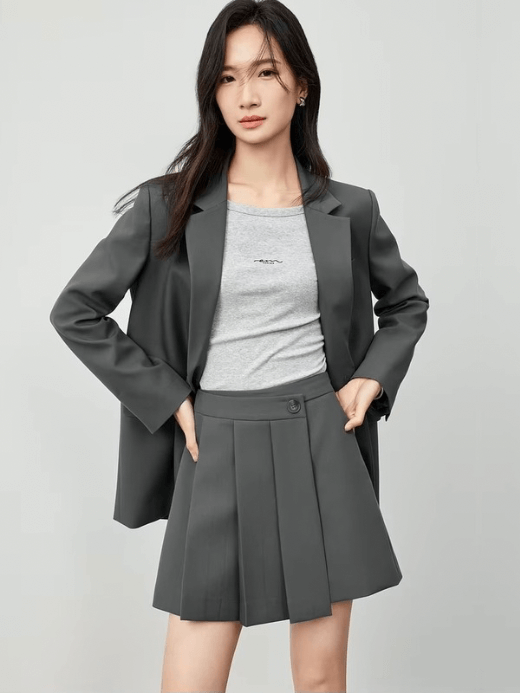 Pleated Shorts-Skirt   Women's commute A-line solid high rise waist button zipper close shorts Female pleats mini skirts sets for woman in grey Womens office wfh workwear Spring Fashion petite-, plus-, size Clothing #151K58687
