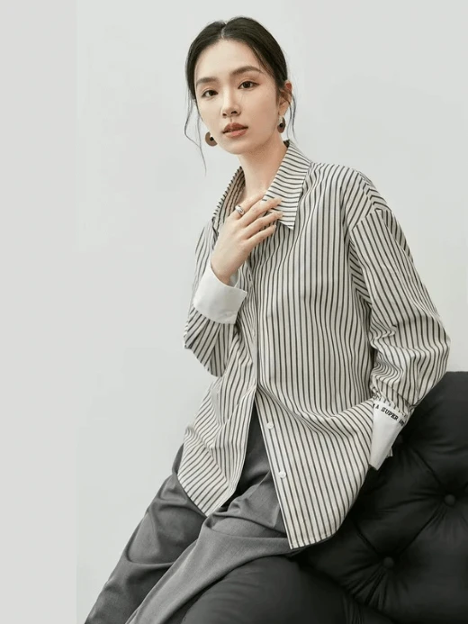 Striped Shirt 100% Cotton    Women’s patchwork embroidery turn-down point collar button-up long sleeves with wide point cuffs with inner Embroidered YOU ARE SUPER AWESOME lettering Blouses for woman in green black stripe on khaki with white accent color Spring Fall Autumn Womens petite-, plus-, size shirts office wfh workwear Clothing #143C56172