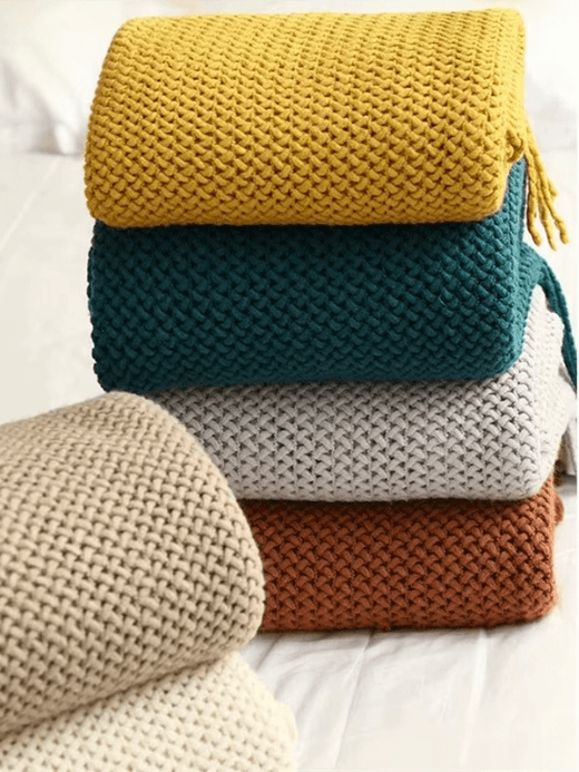 Nordic Knit Throw Blanket   Rectangle City shawls solid with Tassels, Sofa Scarf emulation fleece bedspread home decor Textile jacquard knitted outdoor garden picnik blankets Norway Scandinavia Scandinavian Norwegian style fashion in White, Khaki, Yellow, Blue, Caramel rustic orange brown, Gray grey