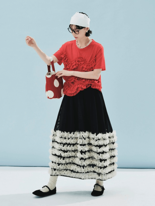 Lace Bell Skirt   Women’s lantern style super dense mesh heavy yarn color matching ruffles loose fit A-line natural waistline mid-calf skirts for woman in black with cream accent Spring Summer party womens worlds ruffled outfit World’s Collide #244619