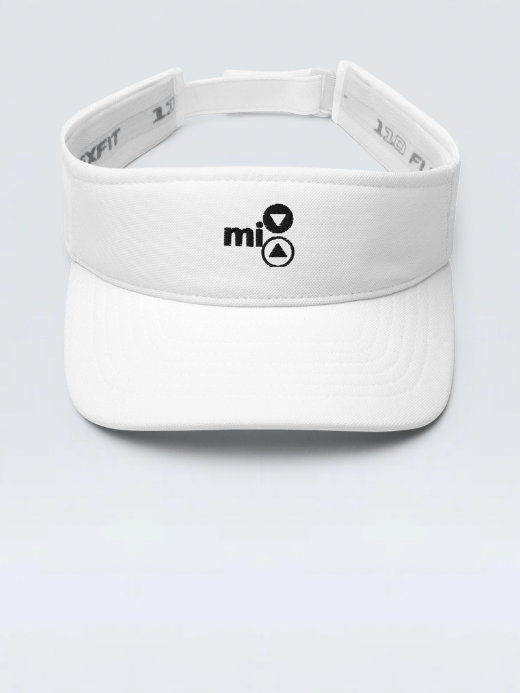 mi Visor     Genderful Women’s Men’s anywear Fitness Sports Activewear mi miteigi-logo festival gig gear Branded product item gym yoga unisex baseball caps for woman man in white with black logo Mens Womens fest gigs visors headwear hats