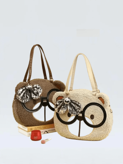 Kawaii Shoulder Bag Women’s Leisure Fashion Handbag 15 Inch Cartoon anime bear animal design large capacity Plush Tote Bags with a bow in brown, beige