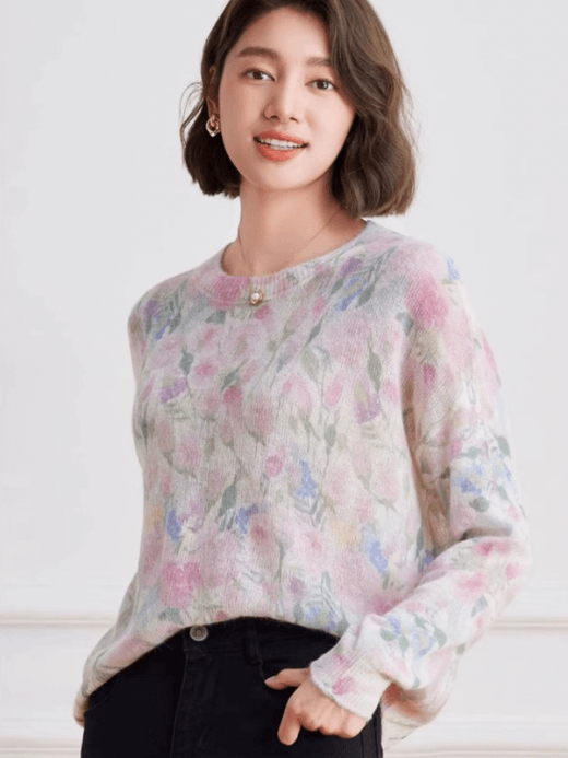 Women’s bohemian Crewneck Thin Dyed floral flowers Print Woolen Knitted Top for woman in pink Boho multi round O-Neck Loose Outerwear Shirt Inner Match Base Layering Upper Body tops Womens spring summer fall autumn crew neck bohemia fashion