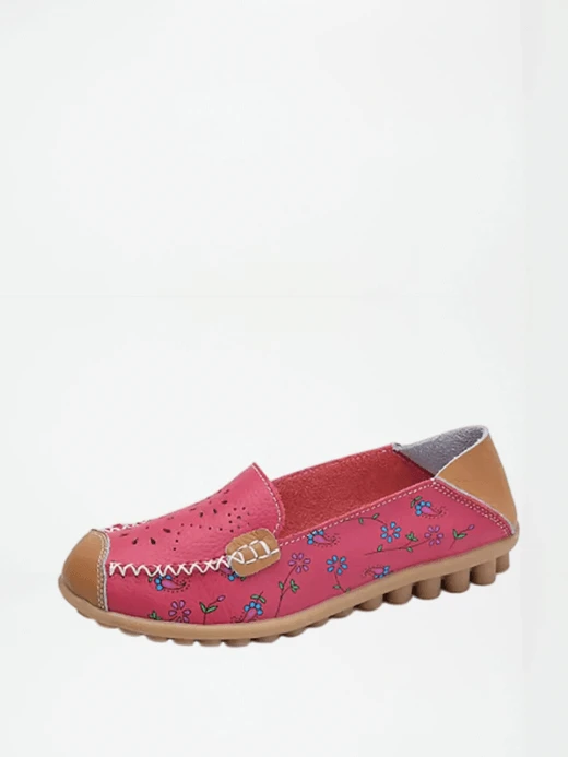 Women’s woman womens Boho bohemia Genuine Leather cutouts patchwork bohemian floral design print Mom Comfortable Appliqués Sewing Flats Casual Summer petite-, tall-, plus-, size flowers pattern ballet flats footwear shoes in rose red with multi