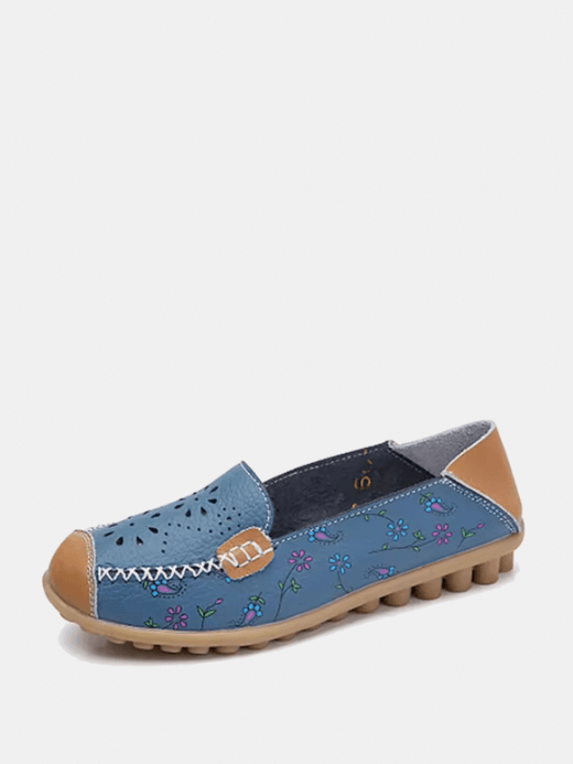 Women’s woman womens Boho bohemia Genuine Leather cutouts patchwork bohemian floral design print Mom Comfortable Appliqués Sewing Flats Casual Summer petite-, tall-, plus-, size flowers pattern ballet flats footwear shoes in blue with multi