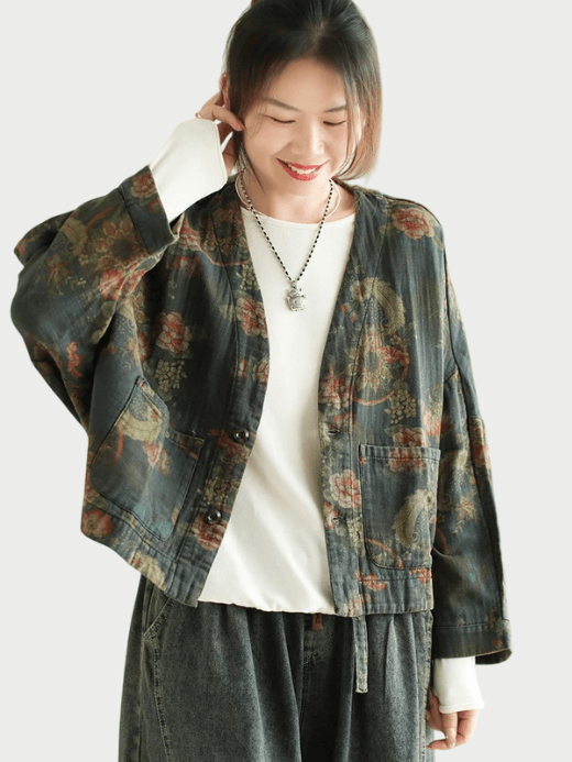 Women’s woman Womens Luxury Loose Printed Linen Ladies Leisure Vintage Floral V-Neck large cargo patch pockets long sleeves Big one size Outerwear Jacket Fall Fashion Design outwear Jackets in autumn brown multi color