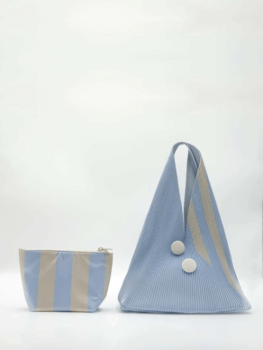 Women’s woman womens Female Fashion Korean Single design rainbow pleated foldable summer knitted organ shoulder Bag Hand-held Totes bags in Blue with cream