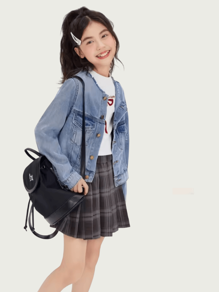 Girls' American long sleeves pockets frayed crewneck collar button-up close Denim Jacket Coat Trendy Top for Medium And Large Children Spring Autumn Outwear in distressed washed blue