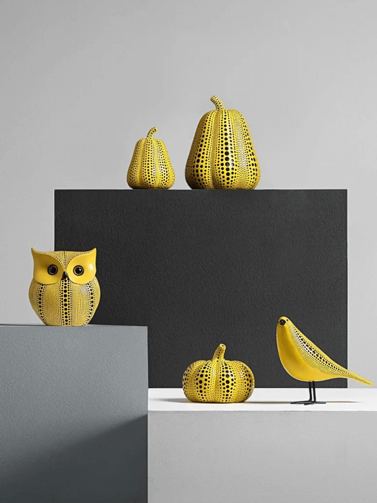 Pumpkin Kusama Yayoi Ornaments Modern Sculpture Polka Dot Owl Bird Art Home Interior Decoration Office Arts Wedding Christmas also in Bird, Owl styles in yellow with black accent color