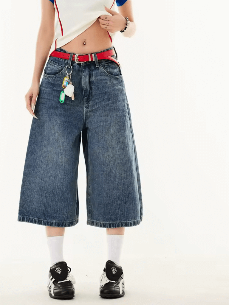 Women’s woman womens tall-, plus-, size Summer Y2k High Street Gothic Baggy Clothes button Zipper fly mid rise waist Calf Length Pants Denim Jeans Jean Jorts Shorts Clothing in blue