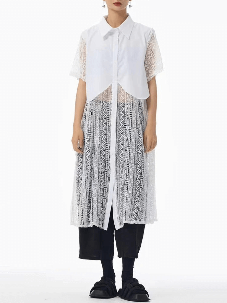 Women’s woman womens hollow out lace perspective big size lapel turn-down collar button-up short sleeves Fashion Tide Spring Summer holiday getaway vacation Midi Shirt Dress dresses in white