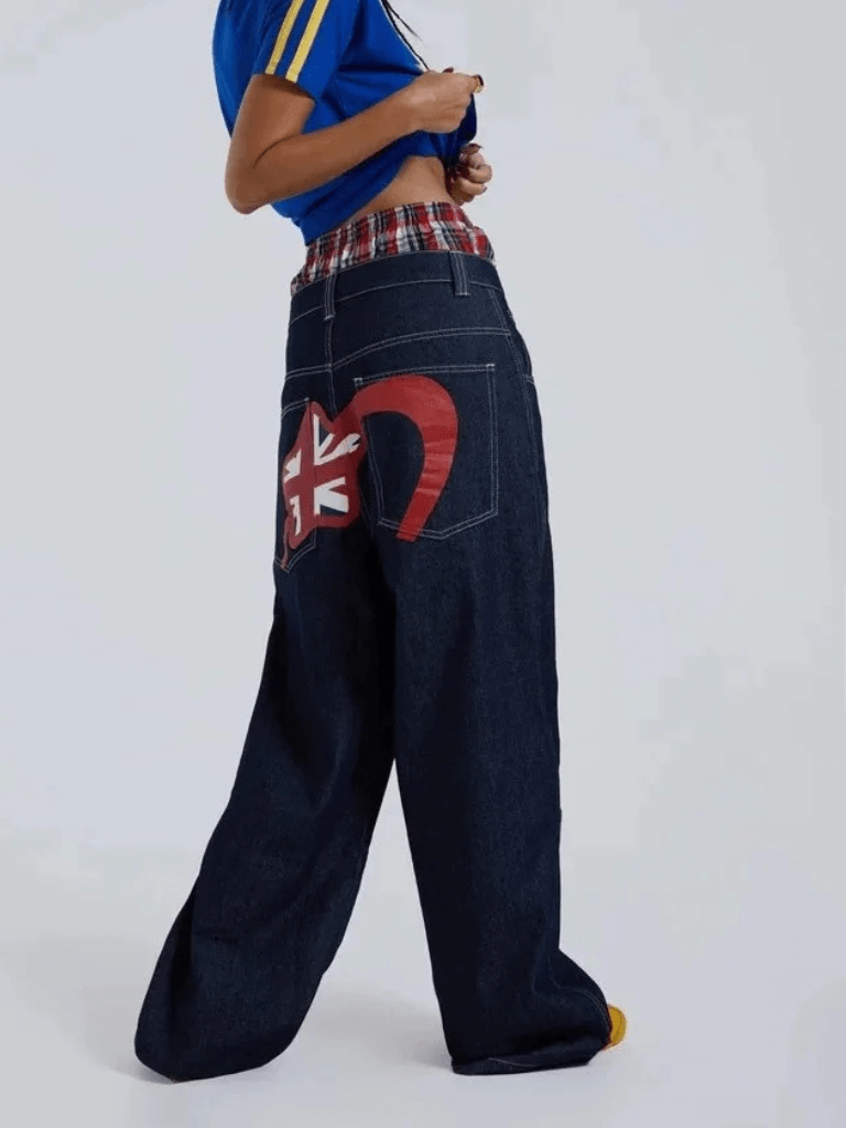 Women’s woman womens Grunge Jaded London British Embroidered Flag Print Wide Leg Summer Loose Fit Denim Long Pants mid rise Waist Button Closure Straight Denim Long Pants Jeans in dark blue with red accent vacation holiday getaway clothing