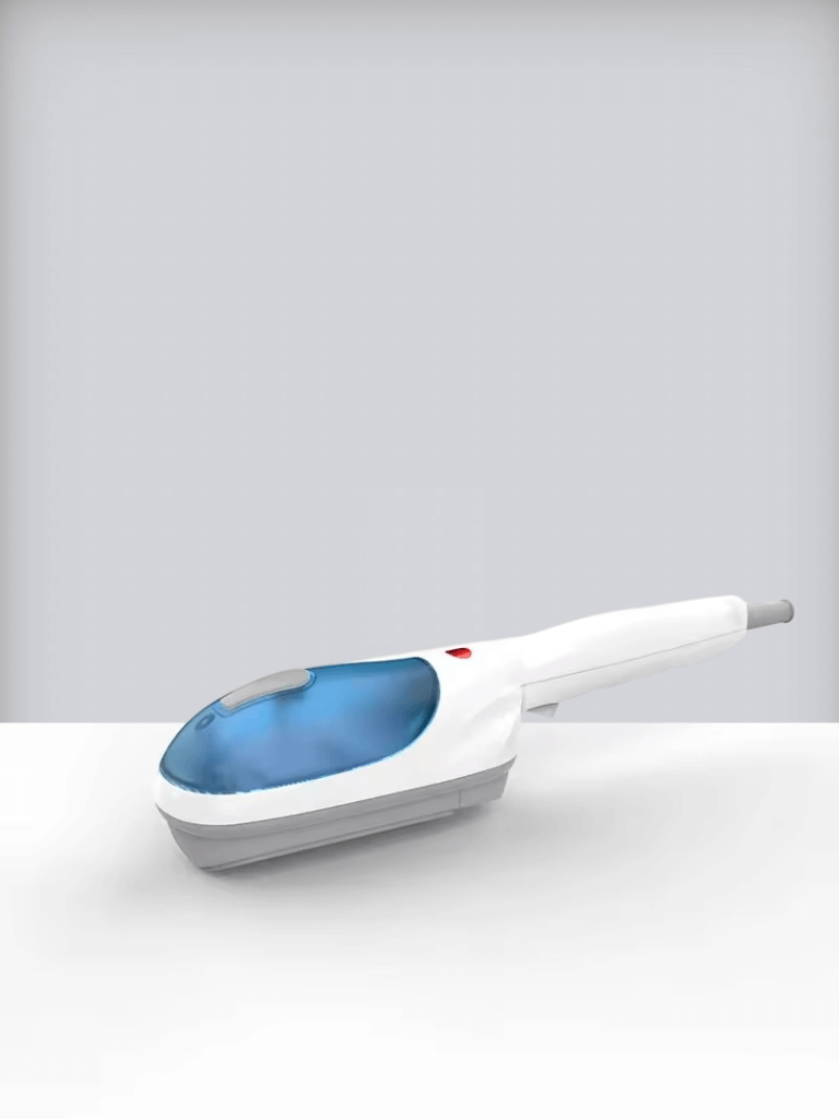Portable mini Garment Steamer, Horizontal and Vertical 800W Effortless Wrinkle Removal clothing, for travel and home clothes steamers in white with blue accent