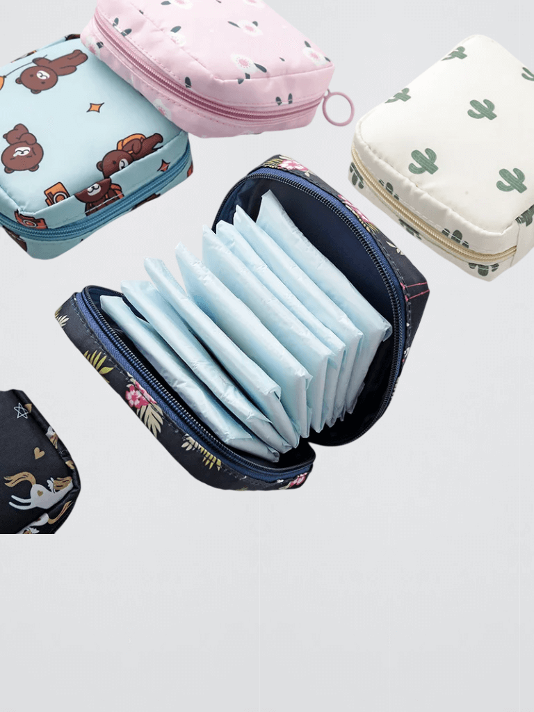 Women’s woman womens Sanitary Napkin Tampon zipper close Storage Bag Portable Waterproof Organizer Pouch Cartoon Pattern Sanitary Napkins tampons Bags zip-up Pouches Purses in Beige Cactus, Blue Flamingo, Blue Bear, Yellow Ice Cream, Pink Flower, Black Lemon, Pink Peach designs