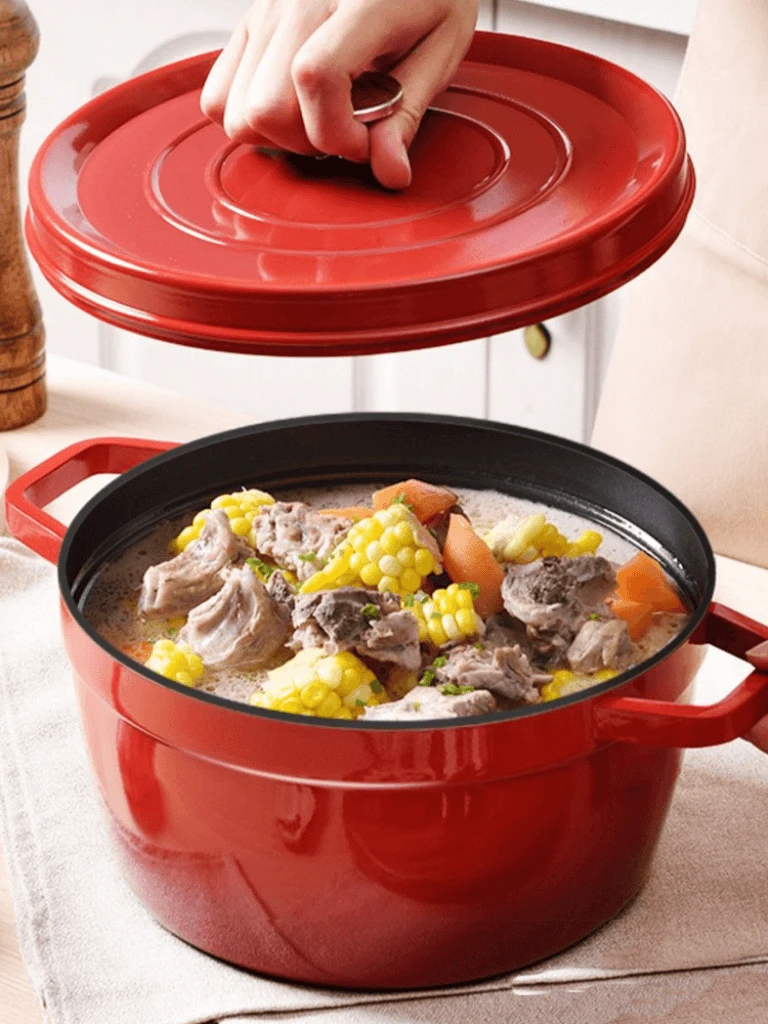 20cm, 22cm, 24cm Kitchen Double Ear Enamel Pot for Cooking Cast Iron Stew Pot with lid Flat Bottomed Iron Cooker Gift Induction Cooker Cookware in red