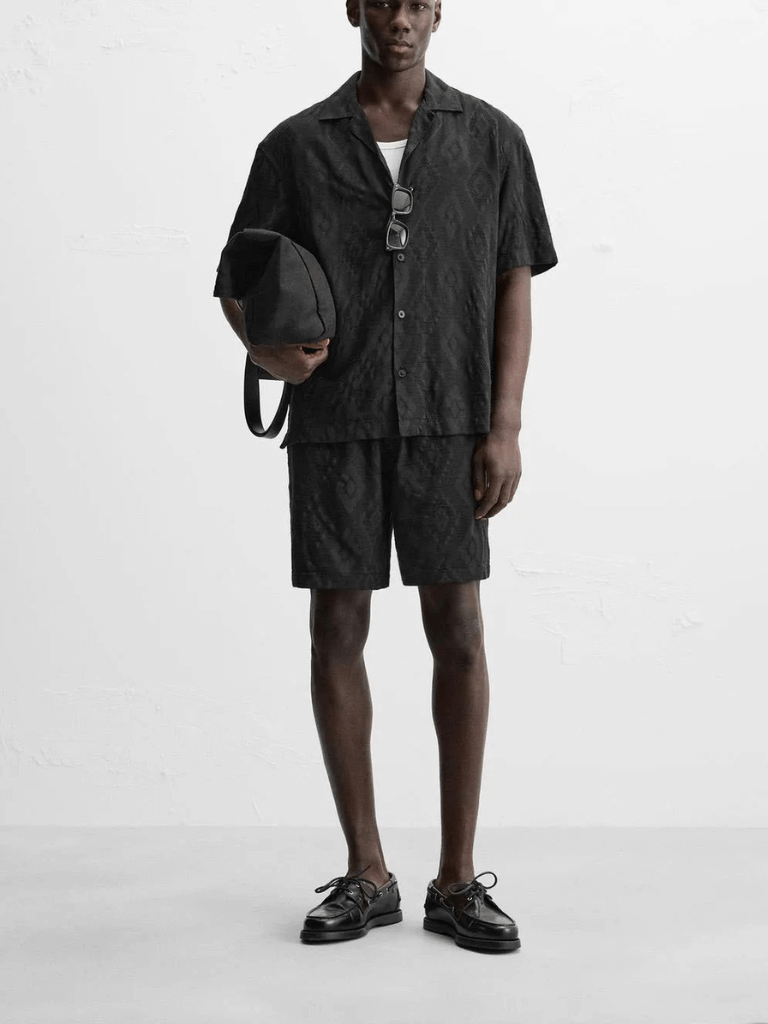 Men's man mens petite-, tall-, plus-, size Geometric Pattern Embroidered short sleeves with dropped shoulders casual loose cotton blend shorts turn-down collar button up shirt fashion Set Summer embroidery Collection in black