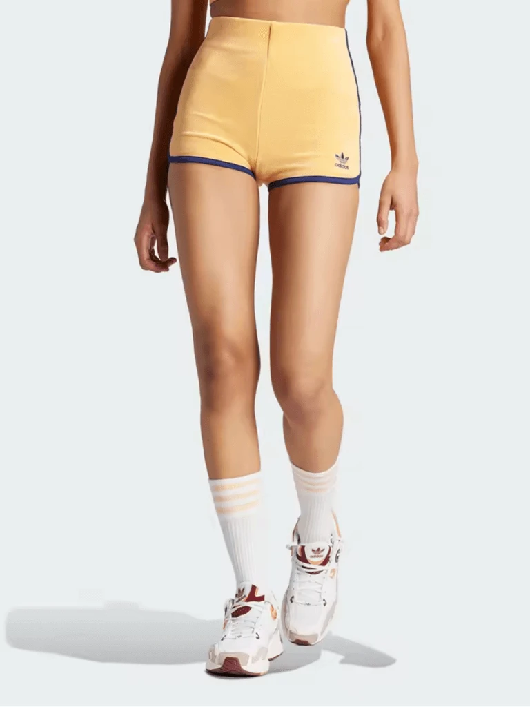 Adidas Originals Women's woman womens petite-, tall-, plus-, size Casual 70’s style Cropped Sports activewear fitness jogging Shorts in yellow with dark blue trim