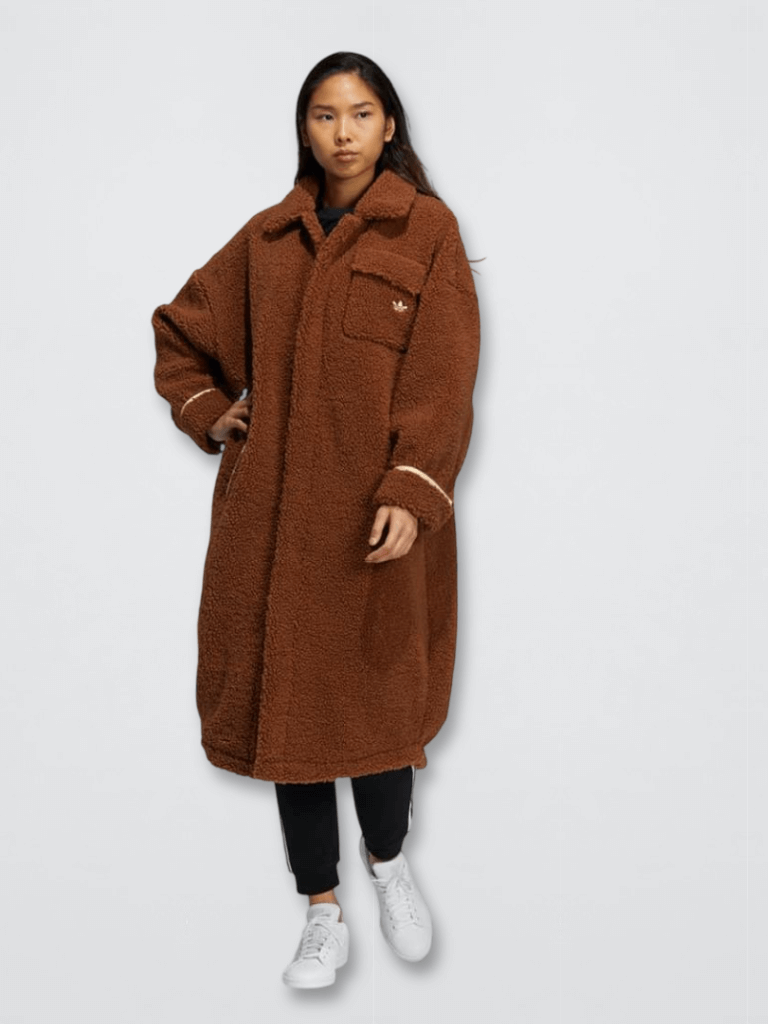 Women's woman womens petite-, tall-, plus-, size Adidas Official Genuine Three Stripes turn-down collar long sleeves snap button-up cover close flap patch chest pocket Long Warm Fleece Coats Sherpa outwear Fashion outerwear in brown
