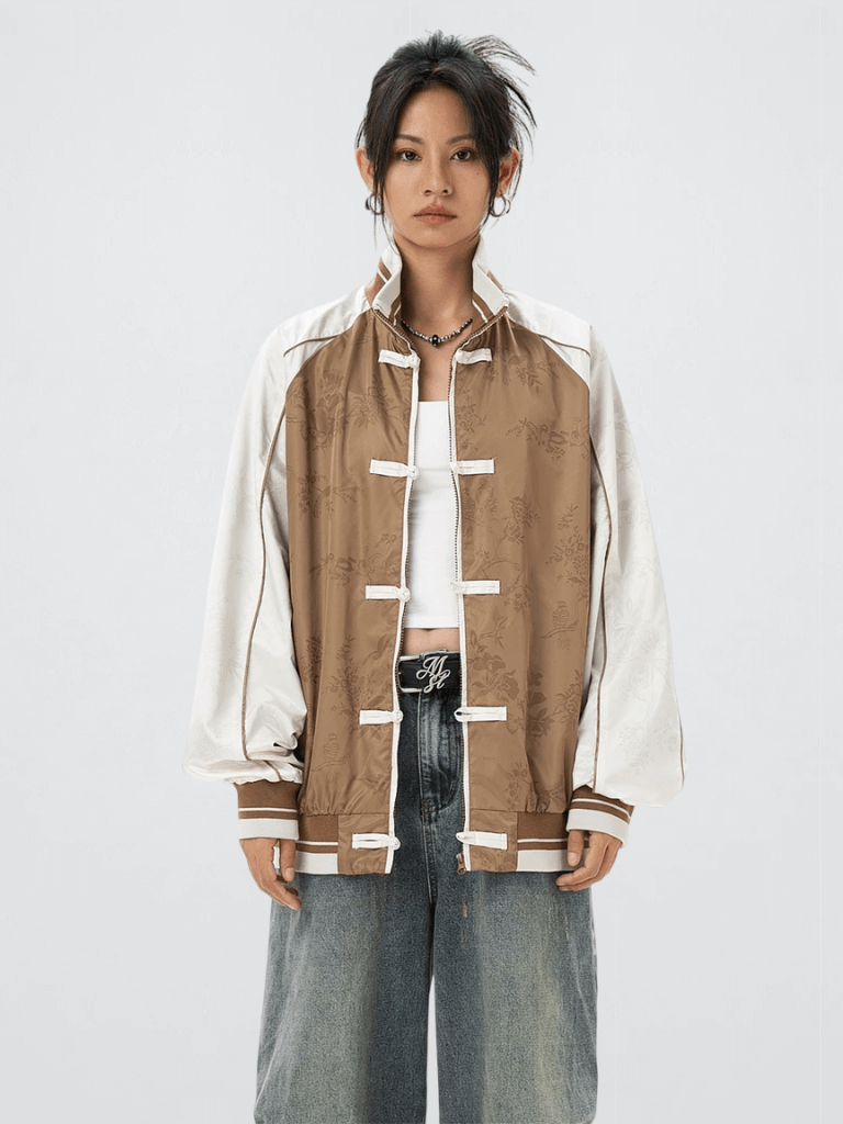 Women's woman womens petite-, tall-, plus-, size Coquette Japanese Chinese Style Baseball stand rib-band collar long sleeves with elasticated ribbed striped cuffs horn-button close slit side pockets zipper-up close outwear Coats and Bomber Jackets Fashion Aesthetic Clothing party outerwear in coffee beige-brown with white accent