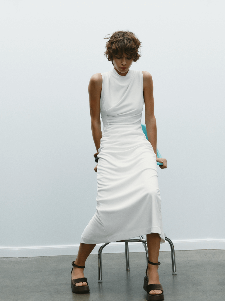 Spring Women's woman womens petite-, tall-, plus-, size Long Knitted Vest sleeveless Stand mandarin Collar H-Line Polyester Fiber Commute wfh office party wear ruched midi dresses in white