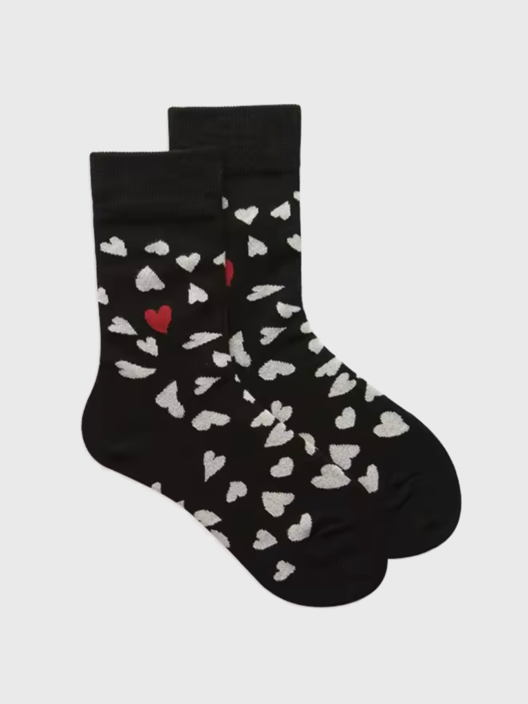 Genflex gender neutral unisex Men’s man mens Women’s woman womens Couples 1 Pair Cotton Spring Autumn Fall Winter multi color-block love heart pattern Colorful EUR37-43 ankle crew socks in black with white and red accent color