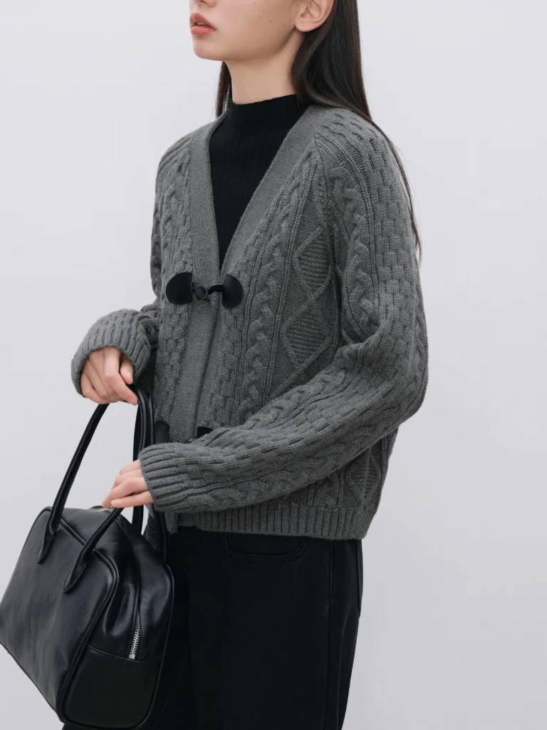 Women’s woman womens petite-, tall-, plus-, size Cable-knit woolen v-neck long sleeves ribbed cuffs and hem Cardigans with toggle cowl button close in Dark Gray grey
