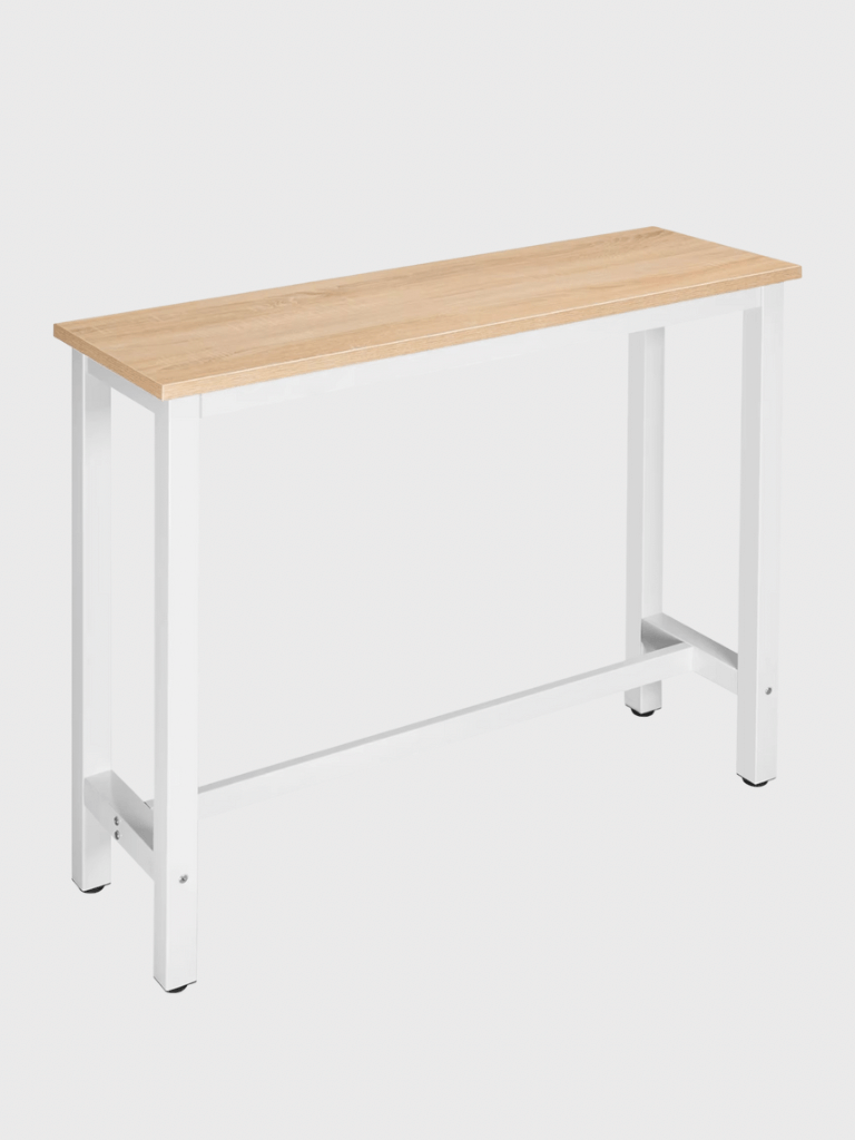 Counter Top Bar Table 120x40x100cm Coffee Breakfast Dining Kitchen Table Metal Legs with Footrest for Dining Room Living Room outdoor patio furniture in white with light oak wooden top