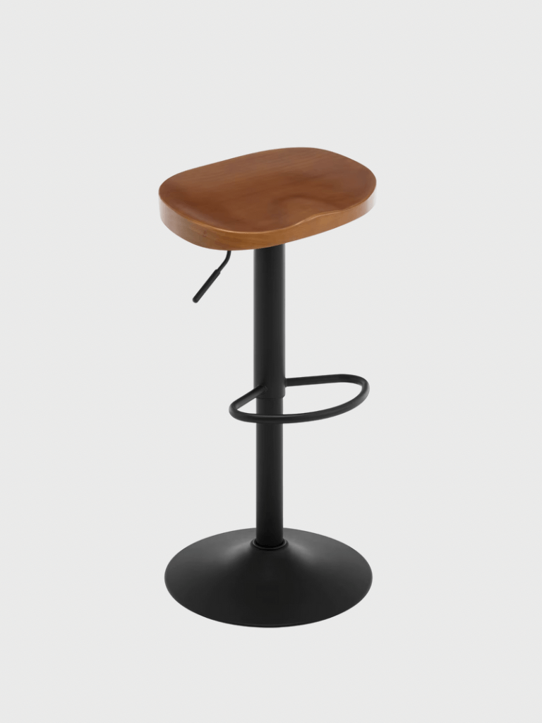 Commercial European & American style 2PCS/SET Industrial Wooden Kitchen Counter Bar Chair 360° Swivel Height Adjustable High Bar Stool 2-Piece Set with Footrest Stools in Brown wood with black metal leg stand