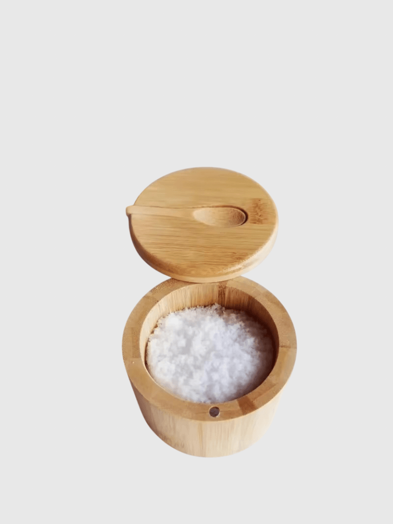 Japanese Salt Pepper Spices Bamboo Seasoning Condiment Box Storage Pot Set Wooden Sugar Container Holder Lid Function Multi Bowls cellars Jars with lid and serving spoon in natural light brown color