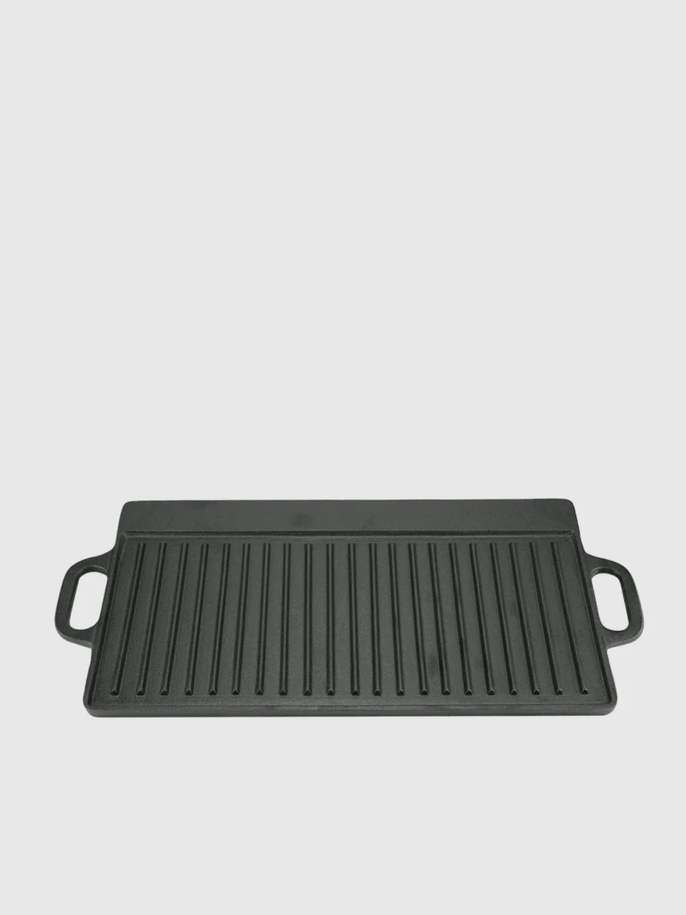 Cast Iron Grill Griddle Pan Non-Stick Ridged and Flat Double Sided Baking Cooking Tray Bakeware in black charcoal