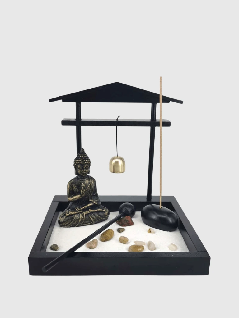 Japanese Buddha Desktop Meditating Statue Mini Zen Sand Garden Tray Kit for Home Office Decor Furniture in black with white multi color