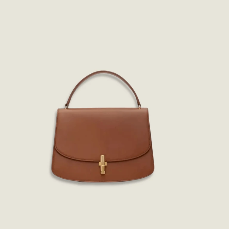 Women’s woman womens The Row T-shaped Metal Push clasp Buckle Genuine Leather Sofia Handbag Retro Box Tofu Bag Medium Harden Single Strap Handheld Bags in tan brown