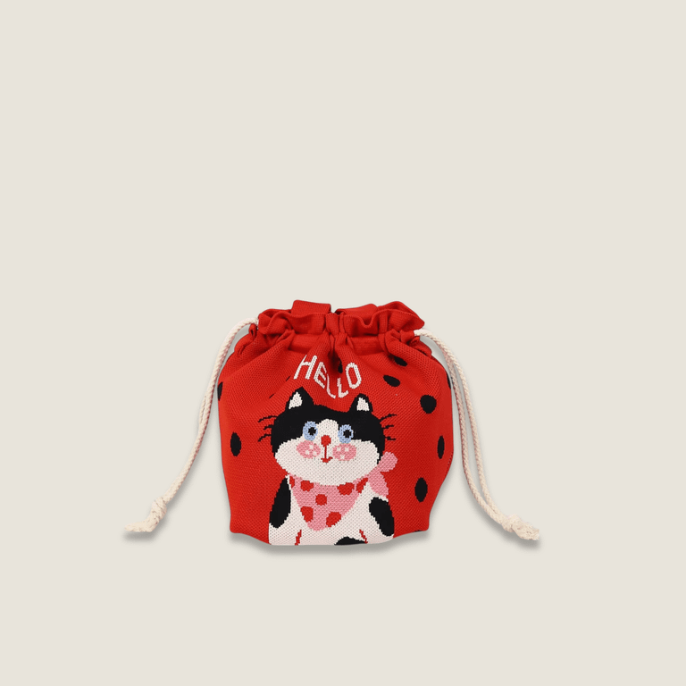 Anime Retro woman women’s High-End Fashion kawaii HELLO Letter print cat character design polka dot Style Exquisite Pattern Wrist Handbag, Durable and Wear-Resistant Knitted Fabric Can Be Used for a Long Time, Suitable for All Seasons, Can Be Used by Women for Travel, Vacation, Walking and Shopping Bags in red with black pink white color