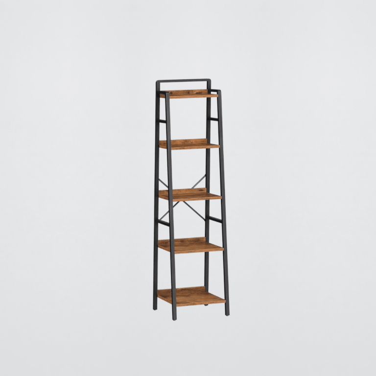 Home Office Ladder Shelf Tall Narrow Bookcase 5-Tier Book Shelf with Metal Frame Tall Storage Shelf Industrial Storage Unit Bookcases shelving furniture in natural dark brown with black
