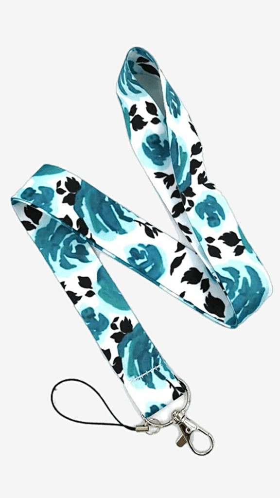 Floral Blue Flower Rose Lanyard Keychain Keys Phone Holder Funny Neck Strap With Keyring ID Card DIY Animal webbings Keychains ribbons Hang Rope Key Chains Trending